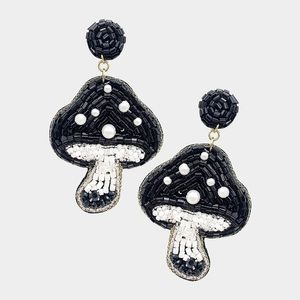 Black and white seed beaded Mushroom dangle earrings